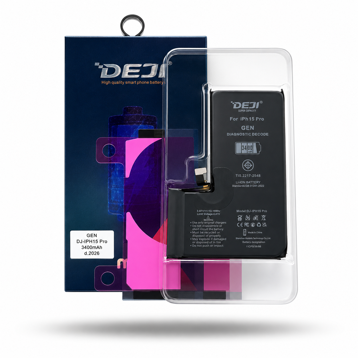BATERIA IPHONE 15 PRO PROGRAMABLE MODO DIAGNOSTICO ( MUESTRA PIEZA ORIGINAL ) ALTA CAPACIDAD 3400 MAH MARCA DEJI