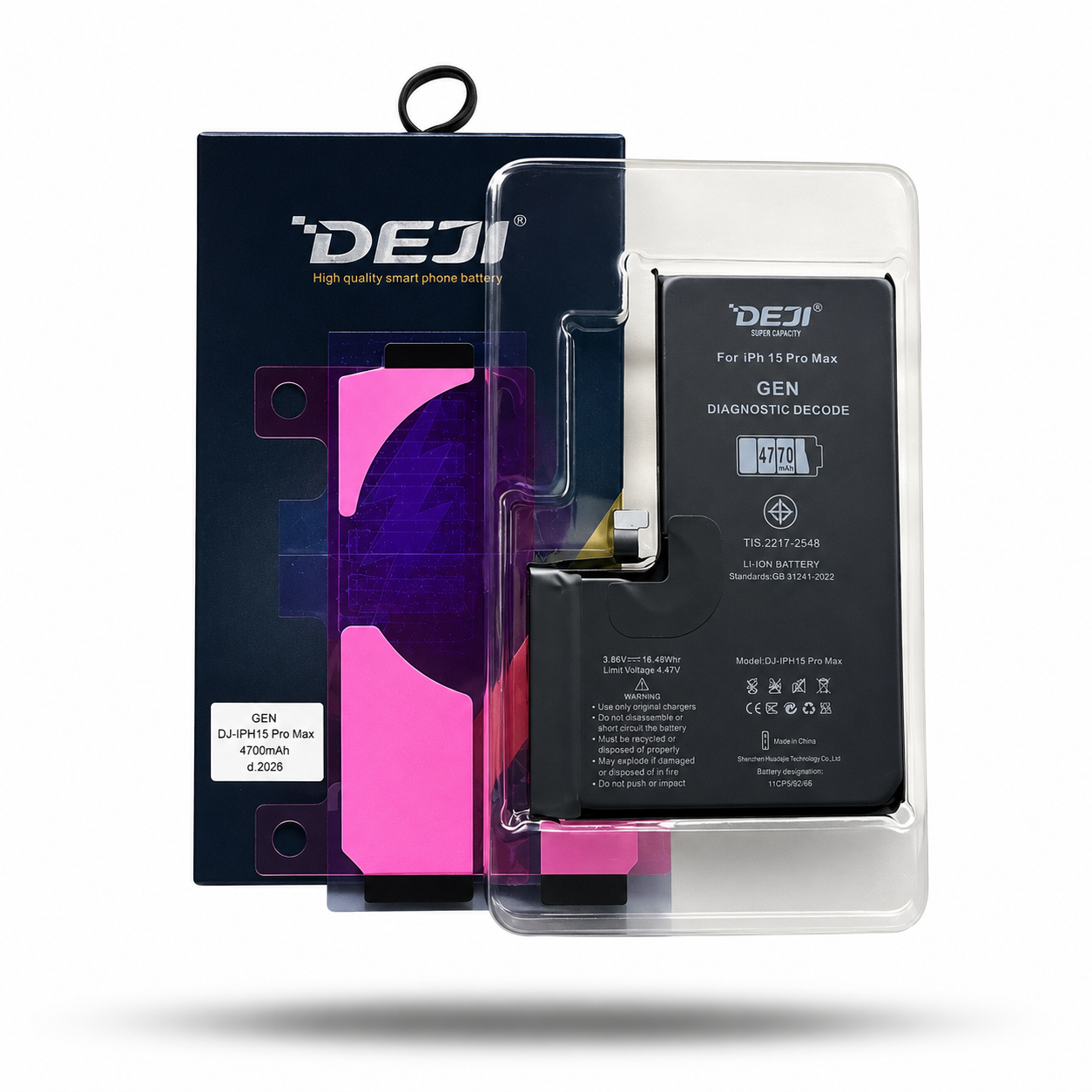 BATERIA IPHONE 15 PRO MAX PROGRAMABLE MODO DIAGNOSTICO ( MUESTRA PIEZA ORIGINAL ) ALTA CAPACIDAD 4770 MAH MARCA DEJI